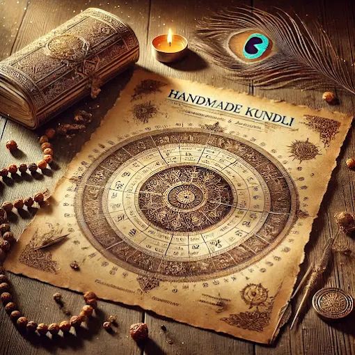Handmade kundli chart with rudraksha and a diya