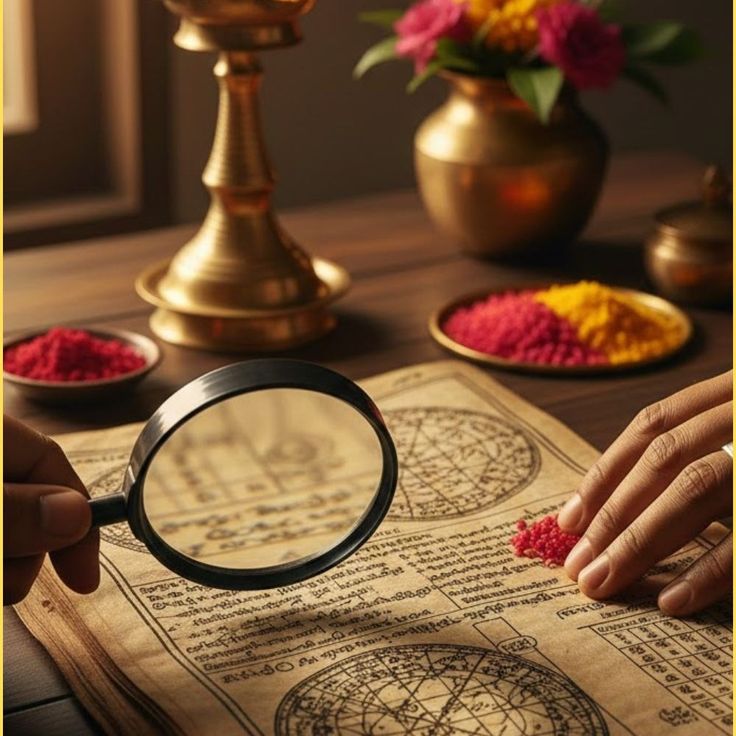 Reading a Nadi leaf with a magnifying glass