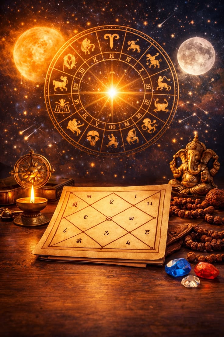 Kundli chart, zodiac wheel and Ganesha idol on a consultation table