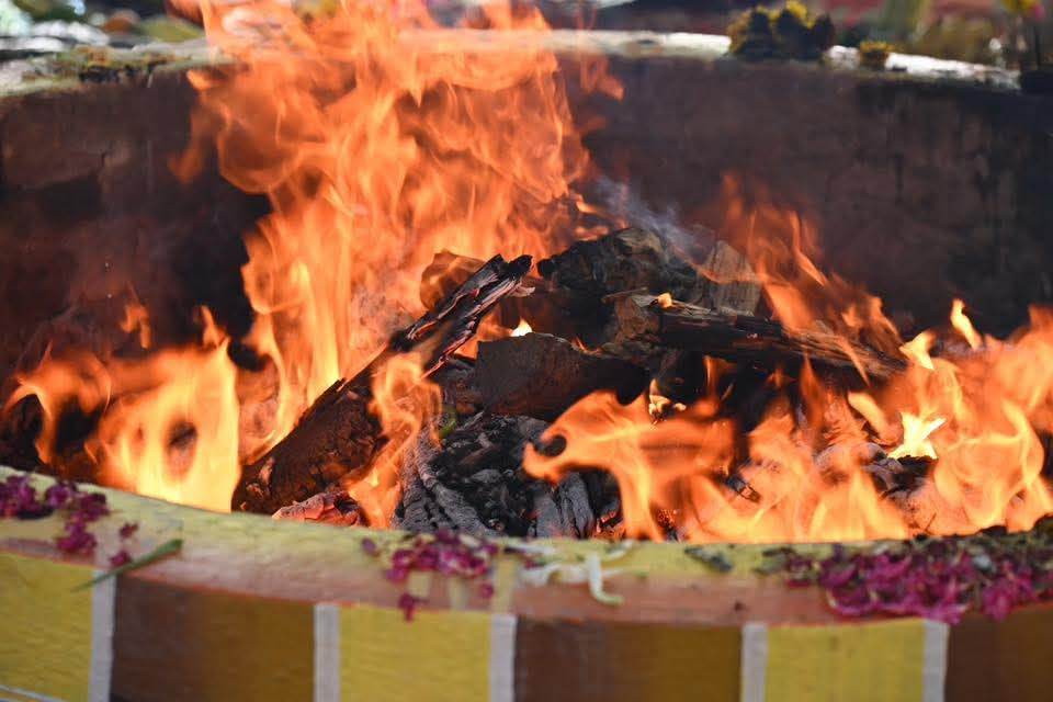 Close-up of the sacred homam fire with flowers at its edge