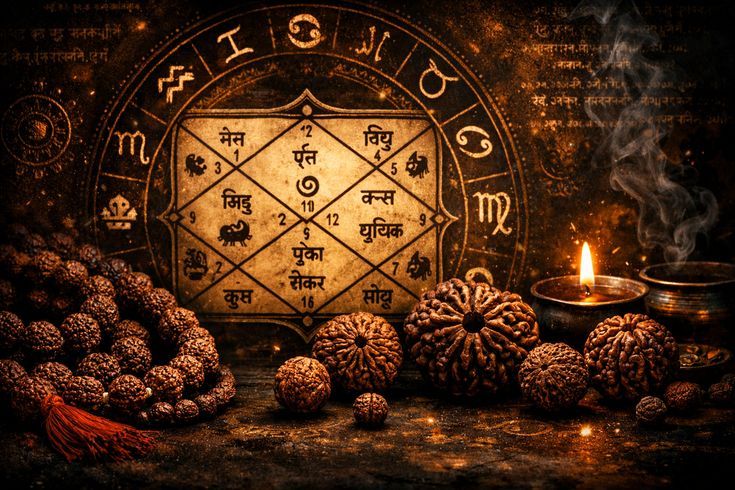 Rudraksha mala and kundli chart prepared for a remedy ritual